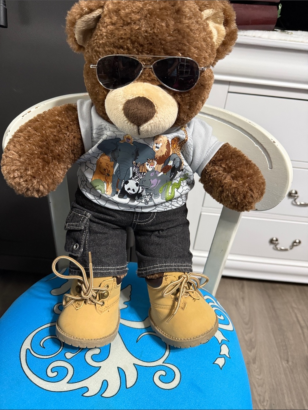 Build-A-Bear Brown Teddy with Gray Graphic Tee, Black Jeans & Tan Boots